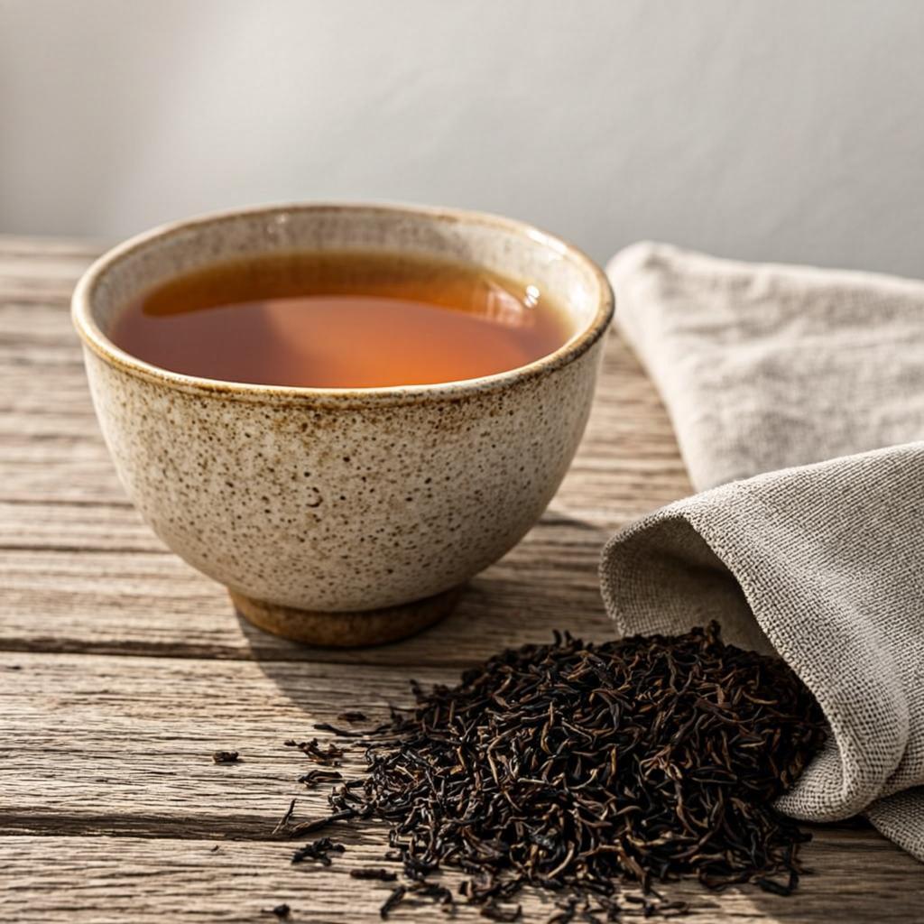 Steeped golden Ceylon single estate tea with whole dried tea leaves