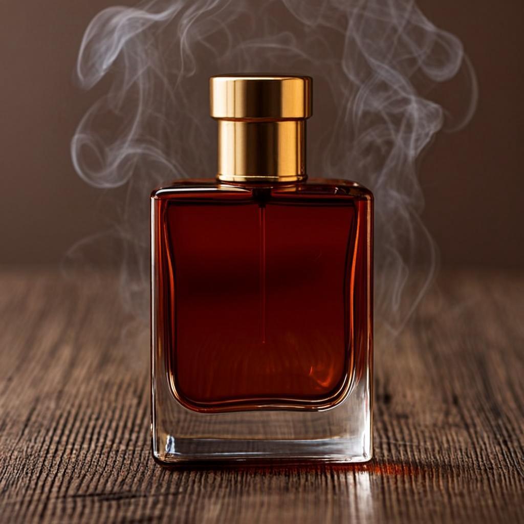 Artisanal amber flacon perfume with smoky wood incense